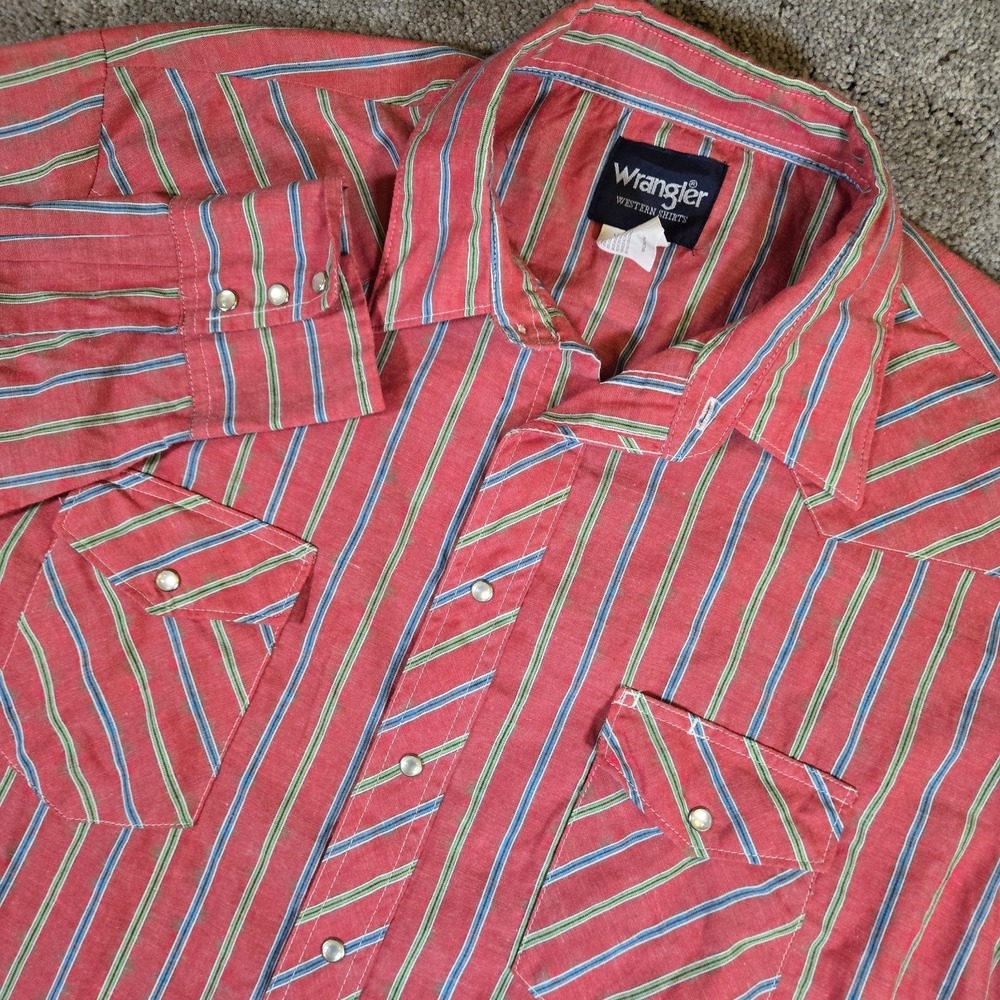 Vintage Wrangler Pearl Snap Plaid Western Long Sleeve Shirt Size XLT Red Stripe